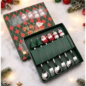 Set de 6 Cubiertos Navideños Dorados con Caja de Regalo