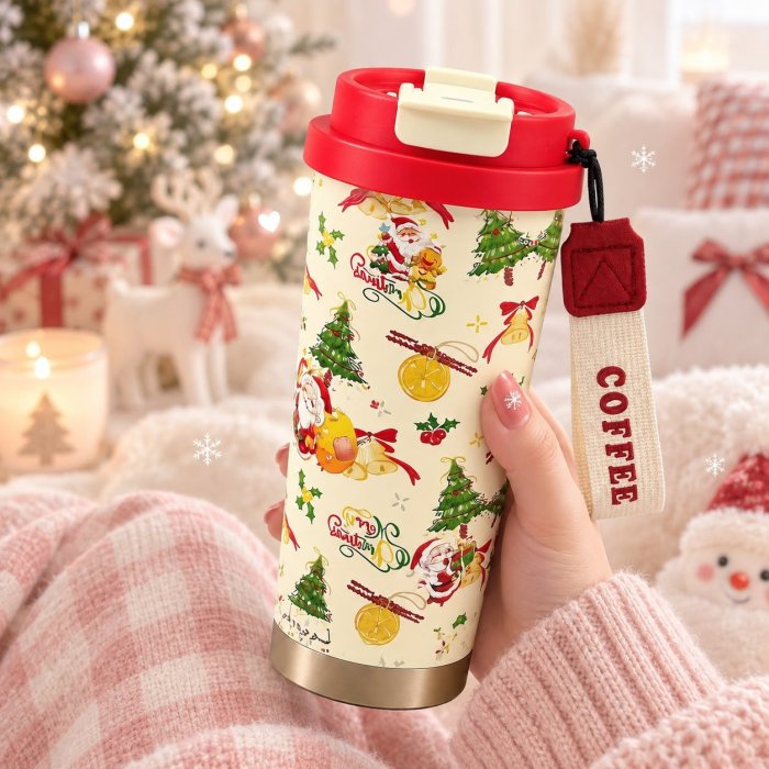 Termo Cafetero Navideño con Tapa y Correa de 19 cm