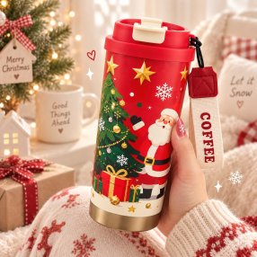 Termo Cafetero Navideño con Tapa y Correa de 19 cm