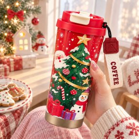 Termo Cafetero Navideño con Tapa y Correa de 19 cm
