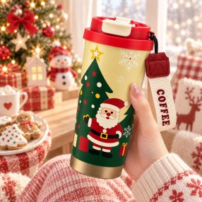 Termo Cafetero Navideño con Tapa y Correa de 19 cm
