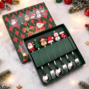 Set de 6 Cubiertos Navideños Dorados con Caja de Regalo