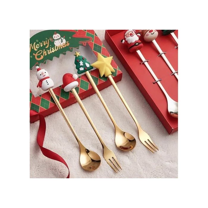 Set de 6 Cubiertos Navideños Dorados con Caja de Regalo