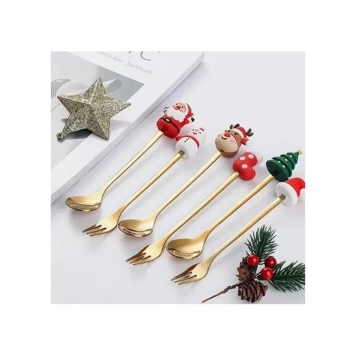 Set de 6 Cubiertos Navideños Dorados con Caja de Regalo
