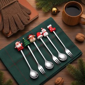 Set de 6 Cubiertos Navideños Dorados con Caja de Regalo