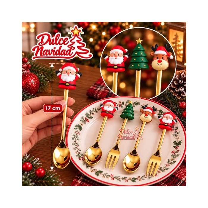 Set de 6 Cubiertos Navideños Dorados con Caja de Regalo