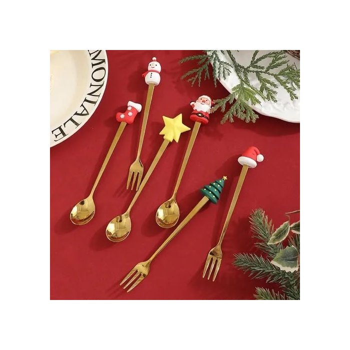 Set de 6 Cubiertos Navideños Dorados con Caja de Regalo