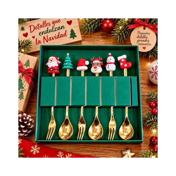 Set de 6 Cubiertos Navideños Dorados con Caja de Regalo