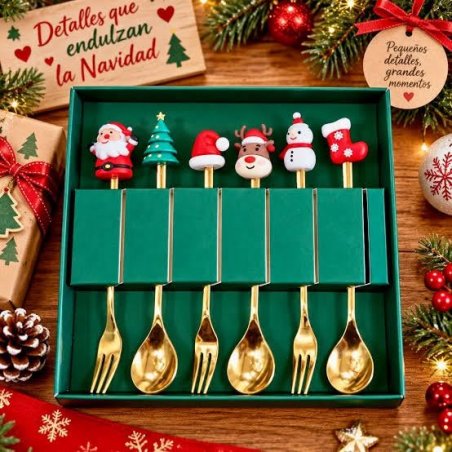 Set de 6 Cubiertos Navideños Dorados con Caja de Regalo