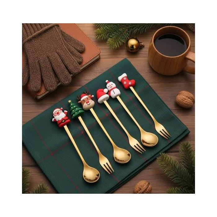 Set de 6 Cubiertos Navideños Dorados con Caja de Regalo