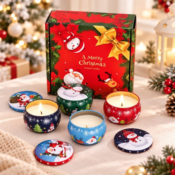Set de 4 Velas Aromáticas Navideñas con Caja de Regalo