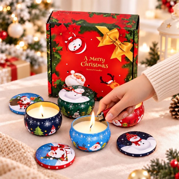 Set de 4 Velas Aromáticas Navideñas con Caja de Regalo