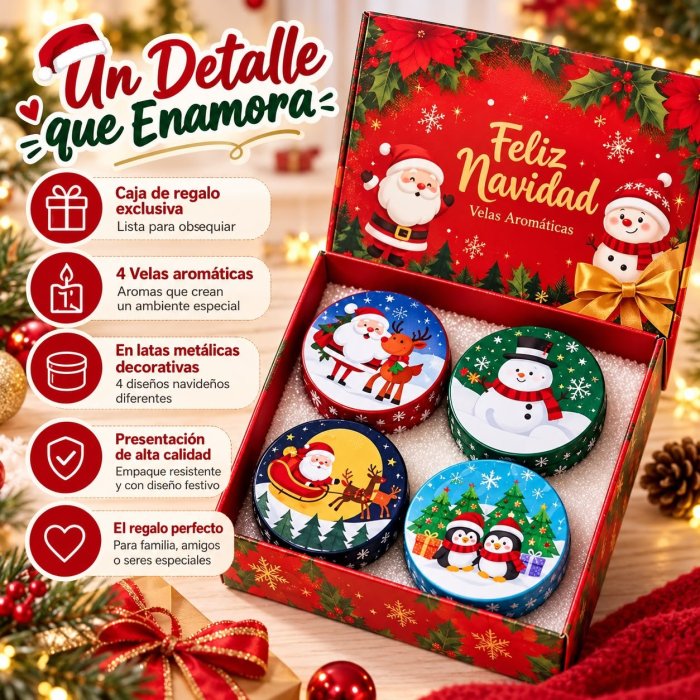 Set de 4 Velas Aromáticas Navideñas con Caja de Regalo
