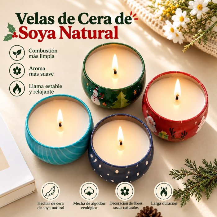 Set de 4 Velas Aromáticas Navideñas con Caja de Regalo