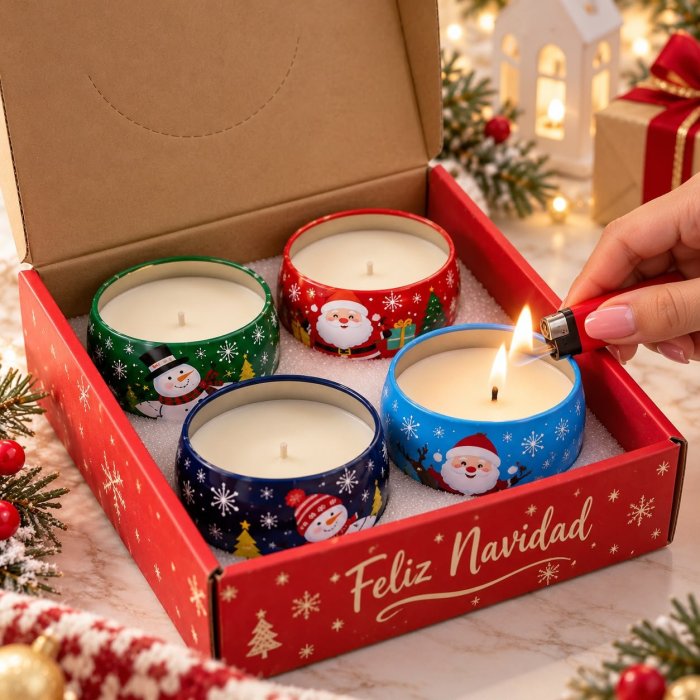 Set de 4 Velas Aromáticas Navideñas con Caja de Regalo